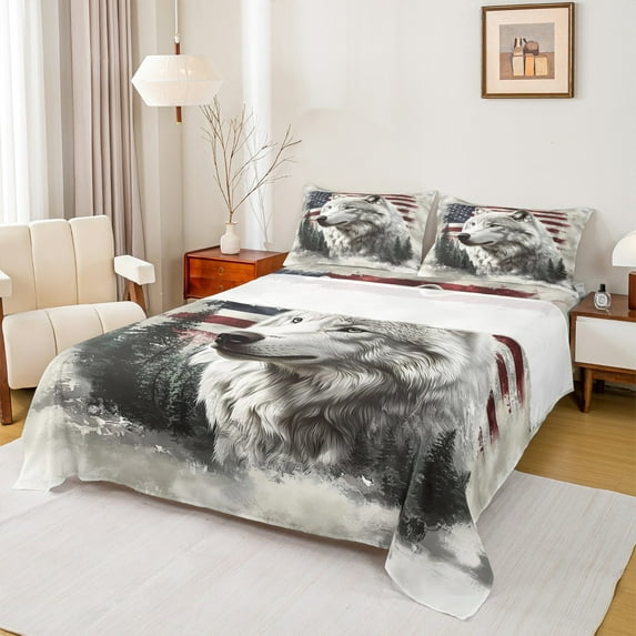 Homewish 3D Jungle Wolf Twin Sheet Sets, Hunting Woodland Wildlife Twin Fitted Sheet, Pine Tree Plant Flat Sheet, Luxury Bedroom Decor, 3-Piece
