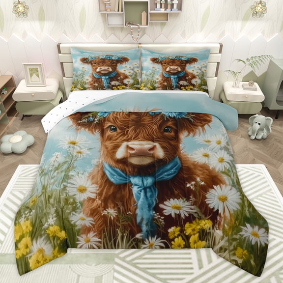 Homewish 3D Kawaii Cow Bedding Comforter Set for Child, Rustic Groovy Floral Twin Comforter Sets, Oil Printing Artwork Reversible Bedding Set, Microfiber Bedroom Decor, 2 Pieces