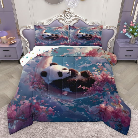 Homewish 3D Kawaii Panda Bedding Comforter Set for Teens, Pink Cherry Blossoms Twin Comforter Sets, Dreamy Sky Moon Reversible Bedding Set, Microfiber Bedroom Decor, 2-Piece