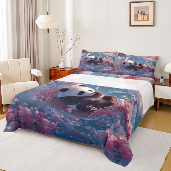 Homewish 3D Kawaii Panda Full Size Sheets for Teens, Pink Cherry Blossoms Bed Sheets, Dreamy Sky Moon Sheet Sets, Microfiber Bedroom Decor, 4-Piece