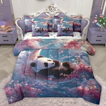 Homewish 3D Kawaii Panda Twin Bedding Sets 7-Piece for Teens, Pink Cherry Blossoms Bedding Comforter Set, Dreamy Sky Moon Reversible Sheet Sets, Microfiber Bedroom Decor