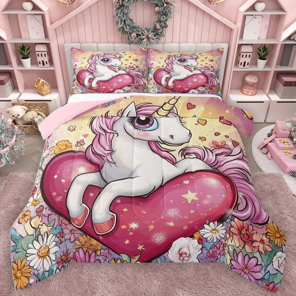 Homewish 3D Kawaii Unicorn Bedding Comforter Set,Magic Acrtoon Animal Twin Comforter Sets,Colorful Graffiti Flower Floral Bedding Set For Girls Teens,Microfiber Bedroom Decor Reversible,2-Piece