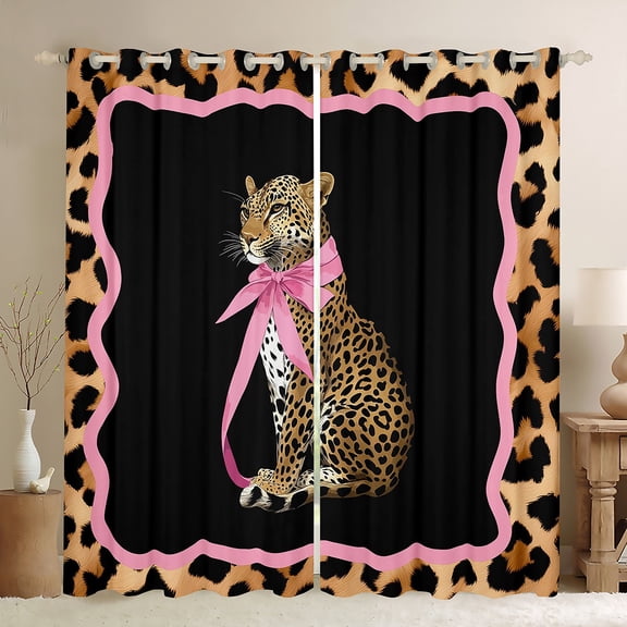 Homewish 3D Leopard Wildlife Blackout Curtains Set of 2 (52x84 Each) for Girl, Fashion Cheetah Print Window Curtains, Chic Princess Bowknot Curtains and Drapes, Window Curtains Home Decor