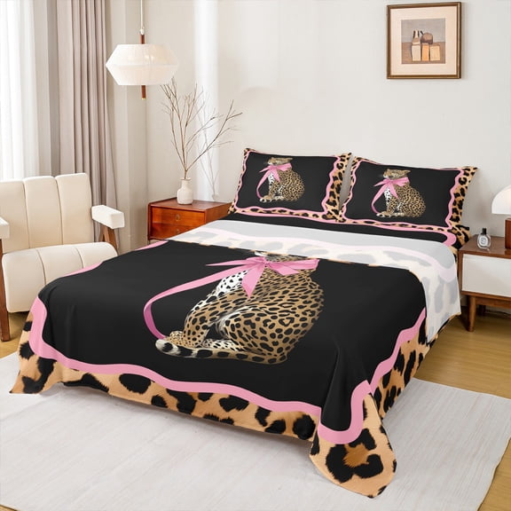 Homewish 3D Leopard Wildlife Twin Sheet Sets for Girl, Fashion Cheetah Print Twin Fitted Sheet, Chic Princess Bowknot Flat Sheet, Breathable Home Decor, 3-Piece