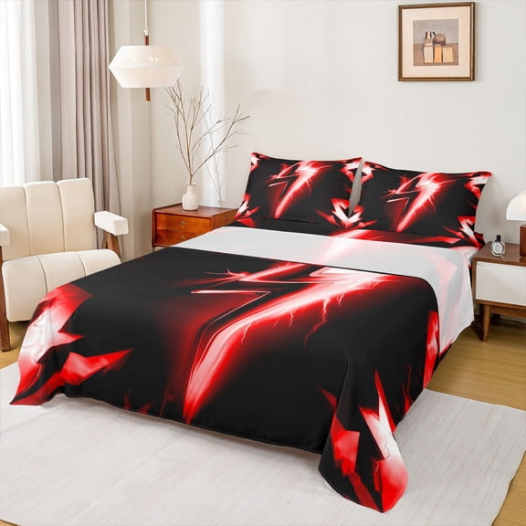 Homewish 3D Lightning Print Queen Sheet Sets,Cute Cartoon Pattern Flat Sheet,Red Black Queen Fitted Sheet For Kids,Breathable Home Decor,4pcs