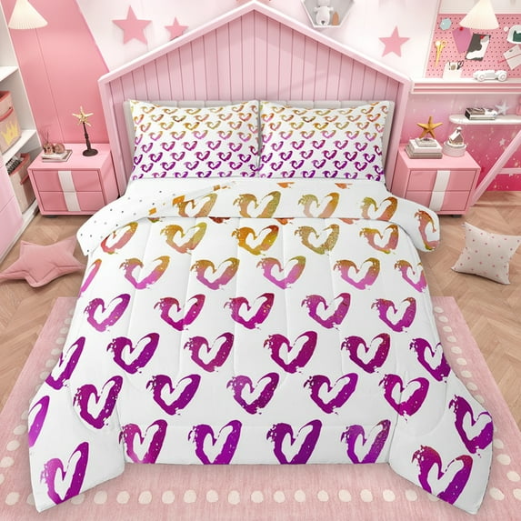 Homewish 3D Loves Pattern Queen Comforter Set,Modern Graffiti Bedding Sets,Gold Purple White Bedding Comforter Set For Girls,Breathable Home Decor Reversible,3 Pieces