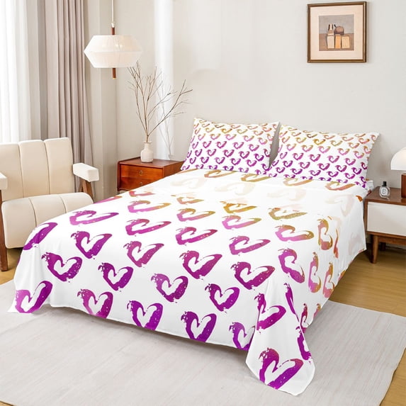 Homewish 3D Loves Pattern Twin Sheet Sets,Modern Graffiti Twin Fitted Sheet,Gold Purple White Flat Sheet For Girls,3pcs