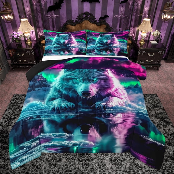 Homewish 3D Magic Wolf Queen Comforter Set for Kid, Mystic Antarctic Aurora Bedding Sets, Winter Snow Mountain Reversible Bedding Comforter Set, Ultra Soft Bedroom Decor, 3pcs