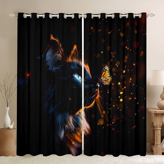 Homewish 3D Magical Cat Curtains Pack of 2 (42x84 Each) for Teens, Dreamy Butterfly Curtains Blackout, Kawaii Animal Bedroom Curtains, Black Out Curtains Decor