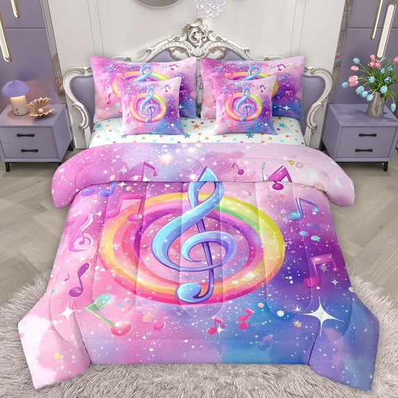 Homewish 3D Music Melody 7-Piece Bedding Comforter Set,Colorful Musical Notes King Bedding Sets,Pink Purple Ombre Bed Sheets For Girls Kids,Super Cozy Room Decor Reversible