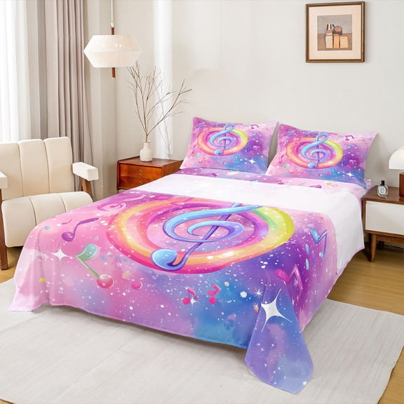 Homewish 3D Music Melody Bed Sheets,Colorful Musical Notes King Sheets,Pink Purple Ombre Sheet Set For Girls Kids,Super Cozy Room Decor,4-Piece