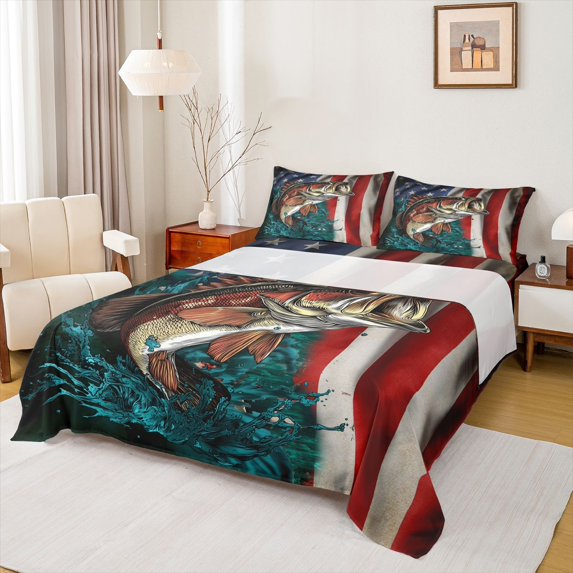 Homewish 3D Pike Fish Bed Sheets, Vintage American Flag King Sheets, Rustic Old Fashion Sheet Set, Breathable Home Decor, 4pcs