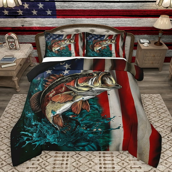 Homewish 3D Pike Fish Queen Comforter Set, Vintage American Flag Bedding Sets, Rustic Old Fashion Reversible Bedding Comforter Set, Breathable Home Decor, 3pcs