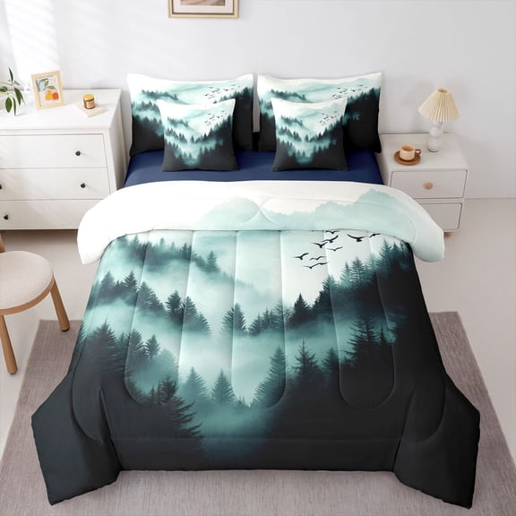 Homewish 3D Pine Tree Bedding Comforter Set 7pcs for Adult, Black Teal Queen Bedding Sets, Rustic Nature Scenery Reversible Queen Sheet Sets, Ultra Soft Bedroom Decor