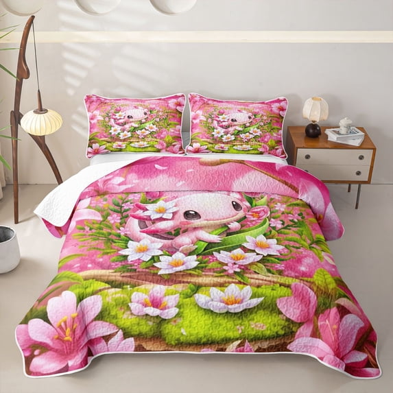 Homewish 3D Pink Axolotl Quilt Full,Cute Flower Blossom Full Bedspread Sets For Girl,3pcs