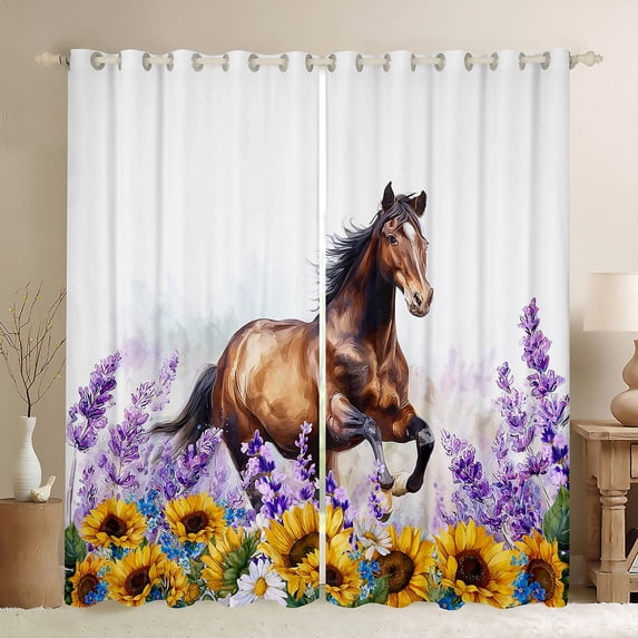 Homewish 3D Racing Horse Black Out Curtains for Women, Vibrant Rustic Sunflower Curtains Pack of 2 (42x63 Each), Hippie Western Animal Bedroom Curtains, Window Curtains Decor
