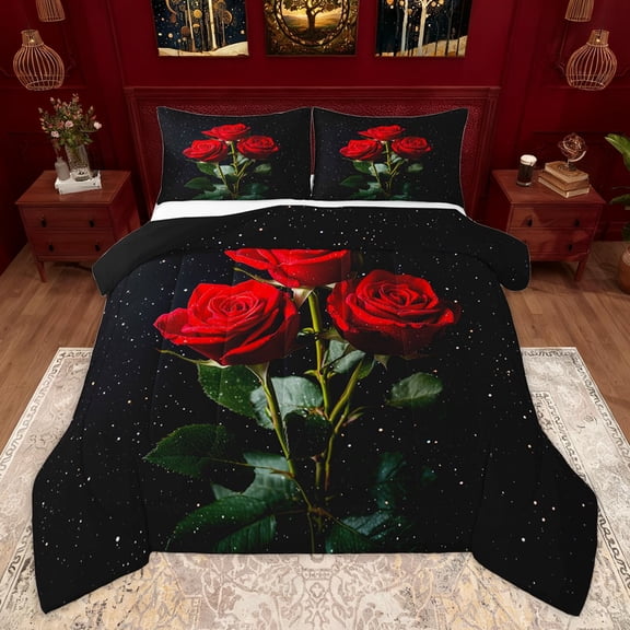 Homewish 3D Red Rose Queen Comforter Set for Adult, Romantic Flower Floral Bedding Sets, Mystic Glitter Stars Galaxy Reversible Bedding Comforter Set, Microfiber Bedroom Decor, 3-Piece