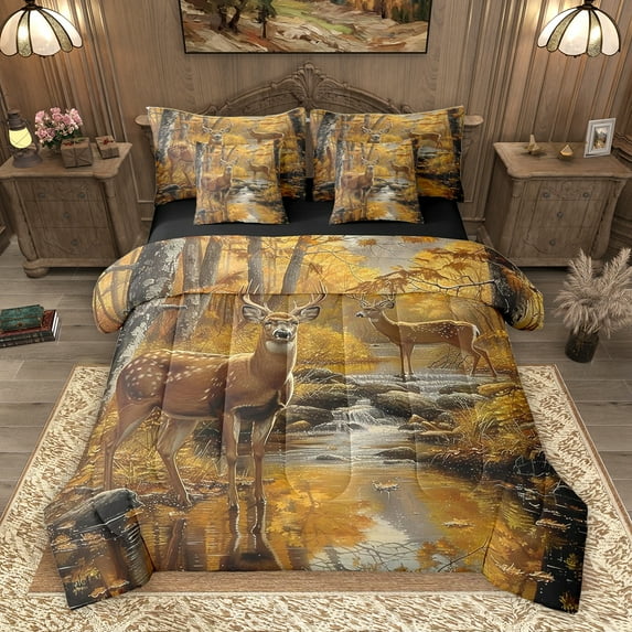 Homewish 3D Reindeer Moose Bedding Comforter Set 7pcs, Autumn Jungle Plant Queen Bedding Sets, Rustic Farmhouse Reversible Queen Sheet Sets, Super Cozy Room Decor