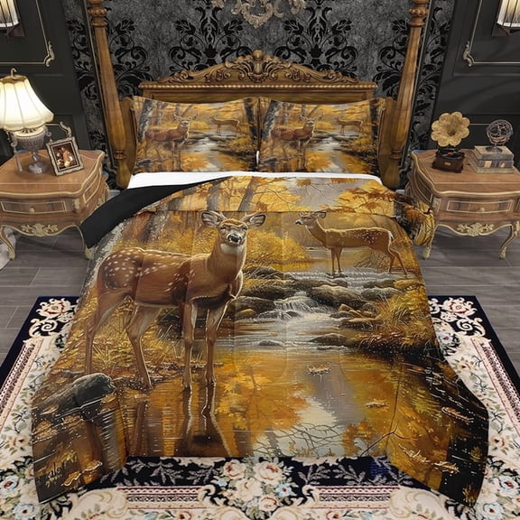 Homewish 3D Reindeer Moose Queen Comforter Set, Autumn Jungle Plant Bedding Sets, Rustic Farmhouse Reversible Bedding Comforter Set, Super Cozy Room Decor, 3-Piece
