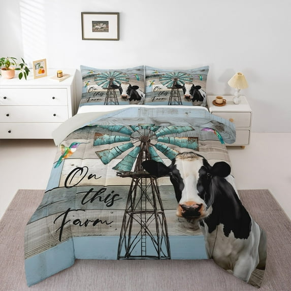 Homewish 3D Rustic Cow Full Size Comforter Sets for Adult, Retro Blue Lodge Cabin Bedding Comforter Set, Farmhouse Animal Reversible Bedding Sets, Ultra Soft Bedroom Decor, 3-Piece