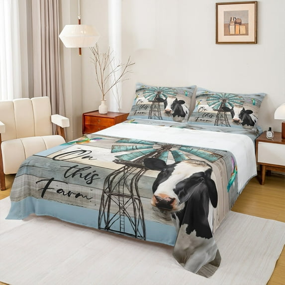 Homewish 3D Rustic Cow Twin Sheet Sets for Adult, Retro Blue Lodge Cabin Twin Fitted Sheet, Farmhouse Animal Flat Sheet, Ultra Soft Bedroom Decor, 3-Piece