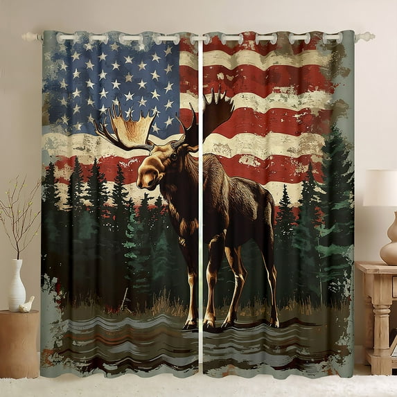 Homewish 3D Rustic Moose Black Out Curtains, Vintage American Flag Curtains Pack of 2 (42x63 Each), Western Old Fashion Bedroom Curtains, Living Room Curtains Decor