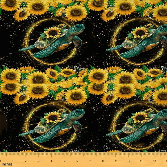 Homewish 3D Sea Turtle Fabric by the Yard 1 Yard for Child, Rustic Vibrant Sunflower Room Decor Fabric by the Yard, Kawaii Sealife Animal Sewing Fabric, Breathable Home Decor