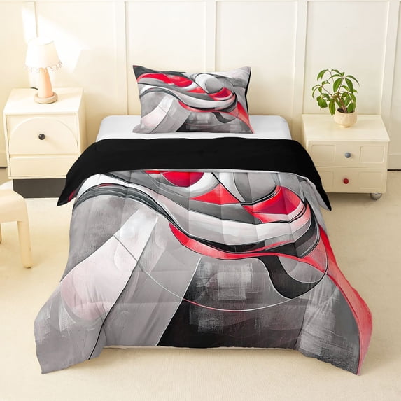 Homewish 3D Spiral Print Twin Comforter Sets,Modern Aesthetic Bedding Set,Red,Black Reversible,2-Piece,1 Comforter and 1 Pillowcase