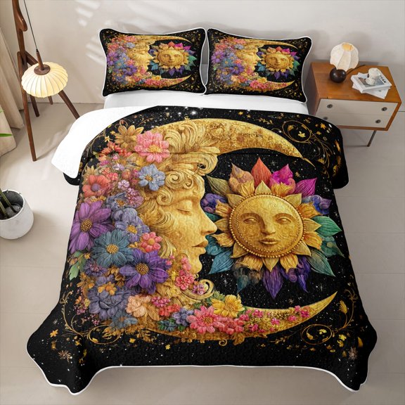 Homewish 3D Sun and Moon Quilt Full, Rainbow Flowers Full Bedspread Sets, 3pcs 1 Coverlet and 2 Pillowcases