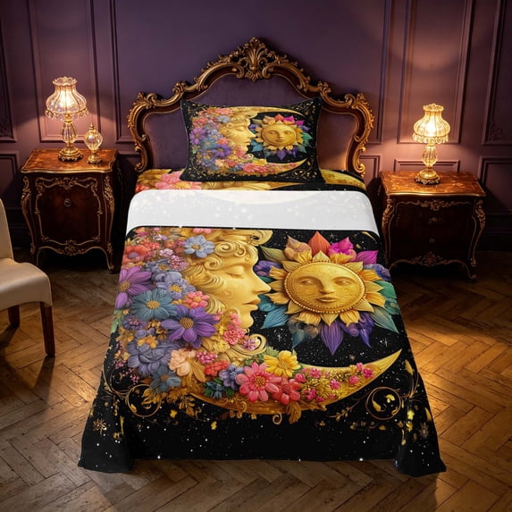 Homewish 3D Sun and Moon Twin Sheets, Rainbow Flowers Bedding, 3pcs, 1 Flat Sheet, 1 Fitted Sheet and 1 Pillowcase