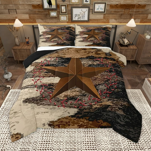 Homewish 3D Texas Stars Bedding Comforter Set,Western Rustic Farmhouse Twin Comforter Sets,Brown Beige Bedding Set For Boys Kids,Breathable Home Decor Reversible,2-Piece
