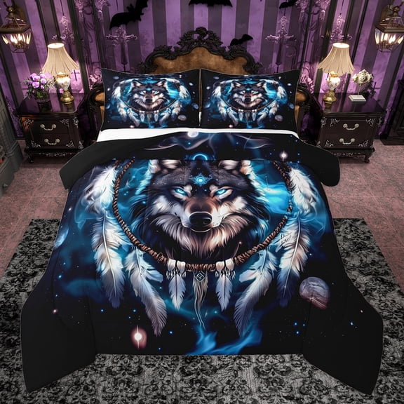 Homewish Boho Tribal Wolf Bedding Comforter Set, Mystic Outer Space Twin Comforter Sets, 2 Pieces