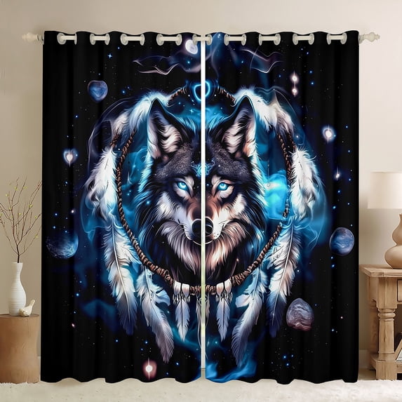 Homewish 3D Tribal Wolf Black Out Curtains, Mystic Outer Space Curtains Pack of 2 (42x63 Each), Boho Jungle Animal Bedroom Curtains, Window Curtains Decor