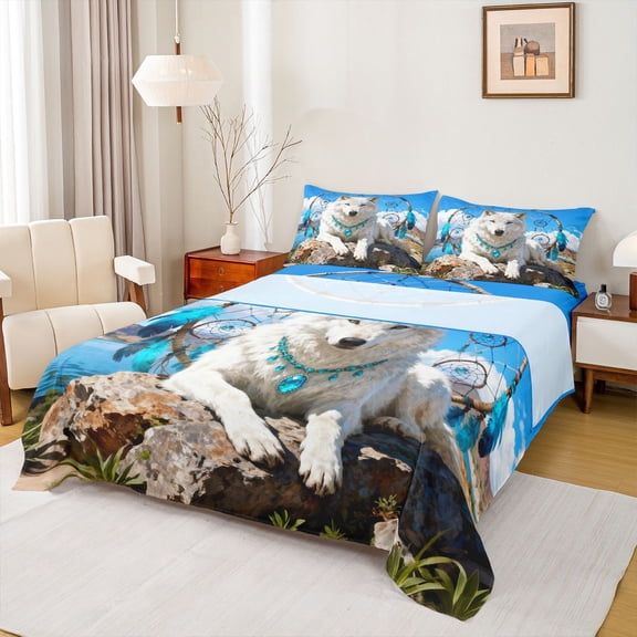 Homewish 3D Tribal Wolf Full Size Sheets for Adult, Mystic Dream Catcher Bed Sheets, Southwestern Sheet Sets, Lightweight Room Decor, 4-Piece