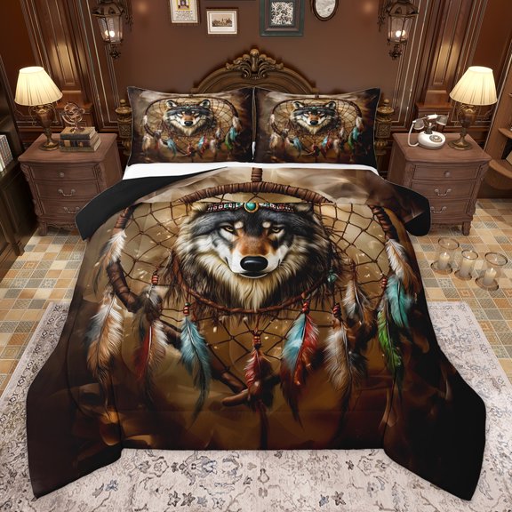 Homewish 3D Tribal Wolf Queen Comforter Set for Child, Hippie Dream Catcher Bedding Sets, Western Bohemian Animal Reversible Bedding Comforter Set, Breathable Home Decor, 3pcs