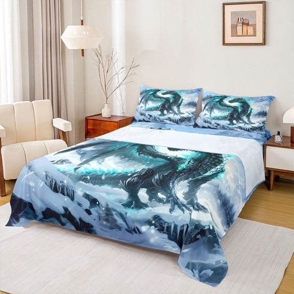 Homewish 3D Wetsern Dragon Bed Sheets for Teens, Magic Animal King Sheets, Winter Snow Mountain Sheet Set, Microfiber Bedroom Decor, 4 Pieces