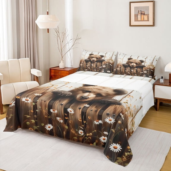 Homewish 3D Wildlife Bear Twin Sheet Sets for Kids, Vibrant Groovy Flower Floral Twin Fitted Sheet, Western Lake House Flat Sheet, Breathable Home Decor, 3pcs