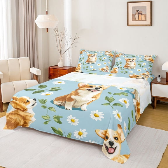 Homewish 4D Dalmatian Dog Bed Sheets, Rustic Groovy Flower Floral King Sheets, Cartoon Animal Theme Sheet Set, Lightweight Room Decor, 4 Pieces