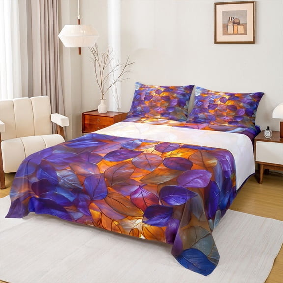 Homewish 4D Leaf Botanical Bed Sheets, Purple Orange King Sheets, Teens Kids Adult Women Sheet Set, Lightweight Room Decor, 4 Pieces