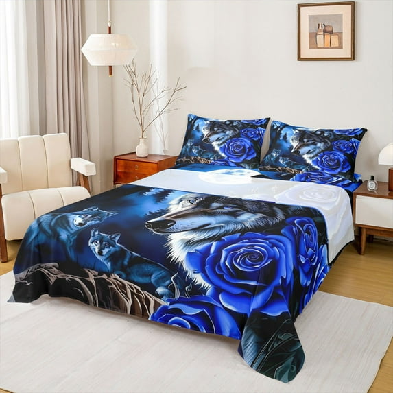 Homewish 4D Mystic Wolf Queen Sheet Sets for Teens, Romantic Blue Rose Flat Sheet, Jungle Galaxy Moon Queen Fitted Sheet, Microfiber Bedroom Decor, 4 Pieces