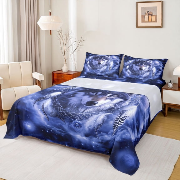 Homewish 4D Wolf Animal Full Size Sheets, Psychedelic Galaxy Planet Bed Sheets, Bohemian Dream Catcher Sheet Sets, Luxury Bedroom Decor, 4-Piece