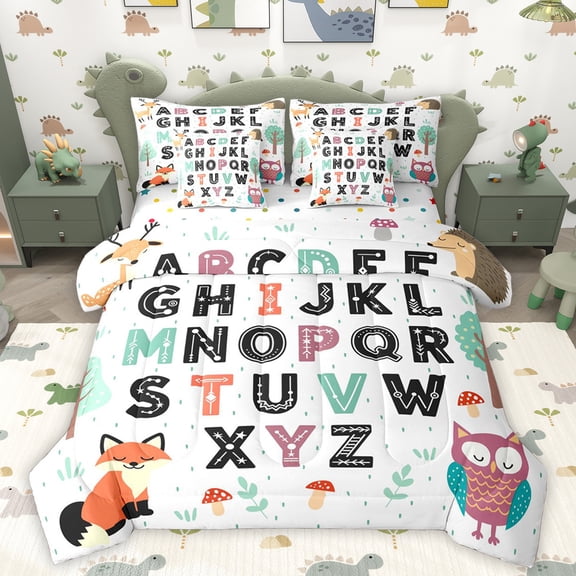 Homewish Abc Aplhabet 7pcs Bedding Comforter Set,Teens Edoicational Queen Bedding Sets,Wild Fox Owl Queen Sheet Sets For Girl Boys,Luxury Bedroom Decor Reversible