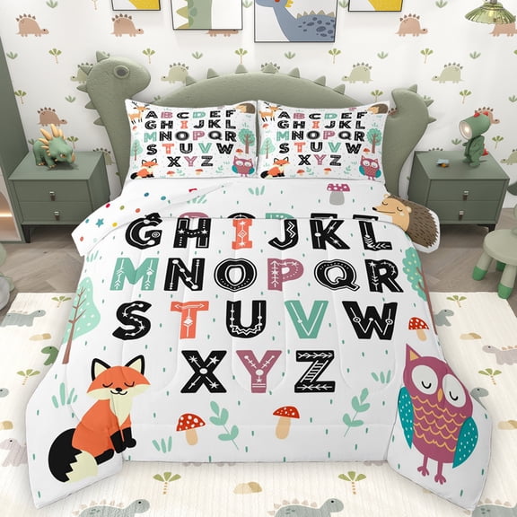 Homewish Abc Aplhabet Bedding Comforter Set,Teens Edoicational Twin Comforter Sets,Wild Fox Owl Bedding Set For Girl Boys,Luxury Bedroom Decor Reversible,2 Pieces