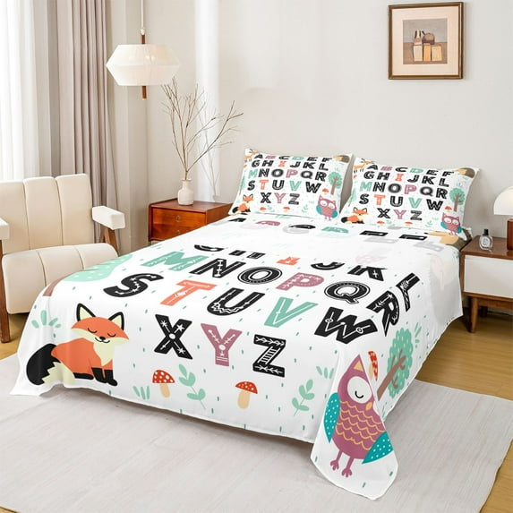 Homewish Abc Aplhabet Twin Sheet Sets,Teens Edoicational Twin Fitted Sheet,Wild Fox Owl Flat Sheet For Girl Boys,Luxury Bedroom Decor,3 Pieces