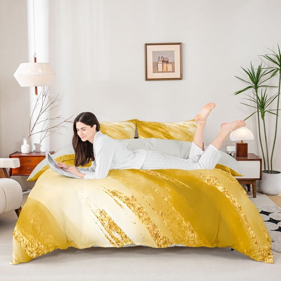 Homewish Abstract Artwork Bedding,Gold Stone Pattern Duvet Cover Full,Light Gray Reversible,3pcs,1 Duvet Cover and 2 Pillowcases