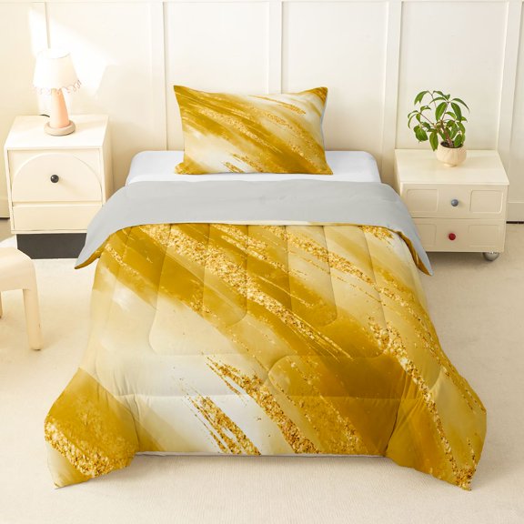 Homewish Abstract Artwork Twin Comforter Sets,Gold Stone Pattern Bedding Set,Light Gray Reversible,2 Pieces,1 Comforter and 1 Pillowcase