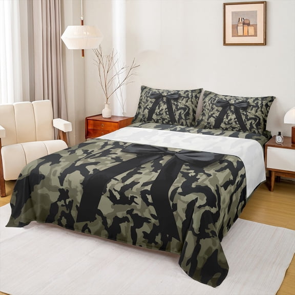 Homewish Abstract Bow-Tie 4-Piece Full Size Sheets for Female Men,Black Brown Camouflage Bed Sheets,Abstract Splash Lightweight Sheet Sets,Luxury Bedroom Decor