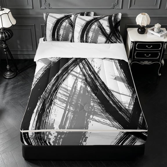 Homewish Abstract Brush Graffiti Zipper Queen Comforter Set with Fitted Sheet and 2 Pillowcases,Black Ink Line Zipper Bedding Set For Girls,Black Reversible,4 Pieces