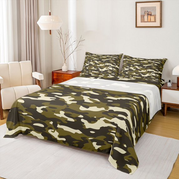 Homewish Abstract Camouflage 4 Pieces Queen Sheet Sets for Female Men,Green Brown Ultra Soft Flat Sheet,Retro Camo Queen Fitted Sheet,Ultra Soft Home Decor
