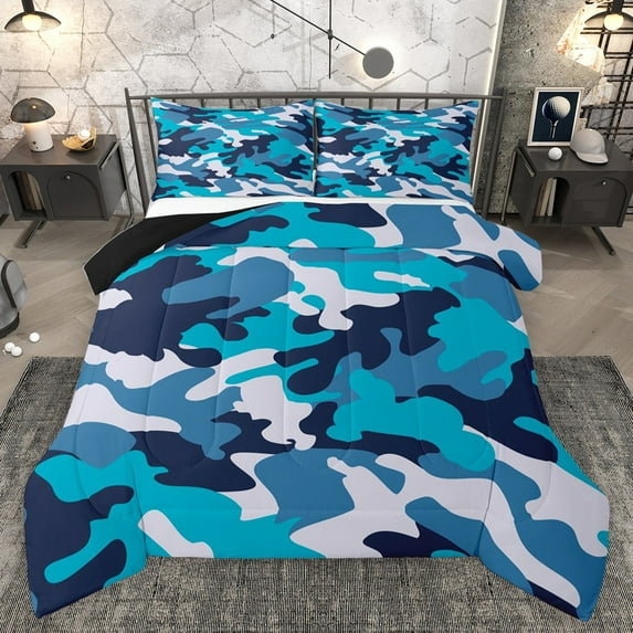 Homewish Abstract Camouflage Bedding Comforter Set 2pcs for Kids Children Teens,Blue Black Twin Comforter Sets Microfiber,Geometric Camo Breathable Bedding Set,Luxury Bedroom Decor,Reversible